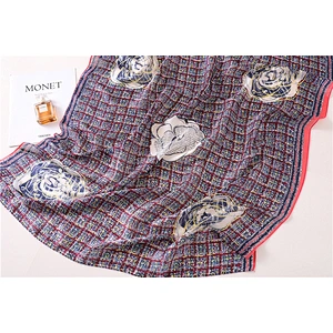 Color grid camellia pattern long scarf multi-purpose shawl wholesale plaid silk satin scarf
