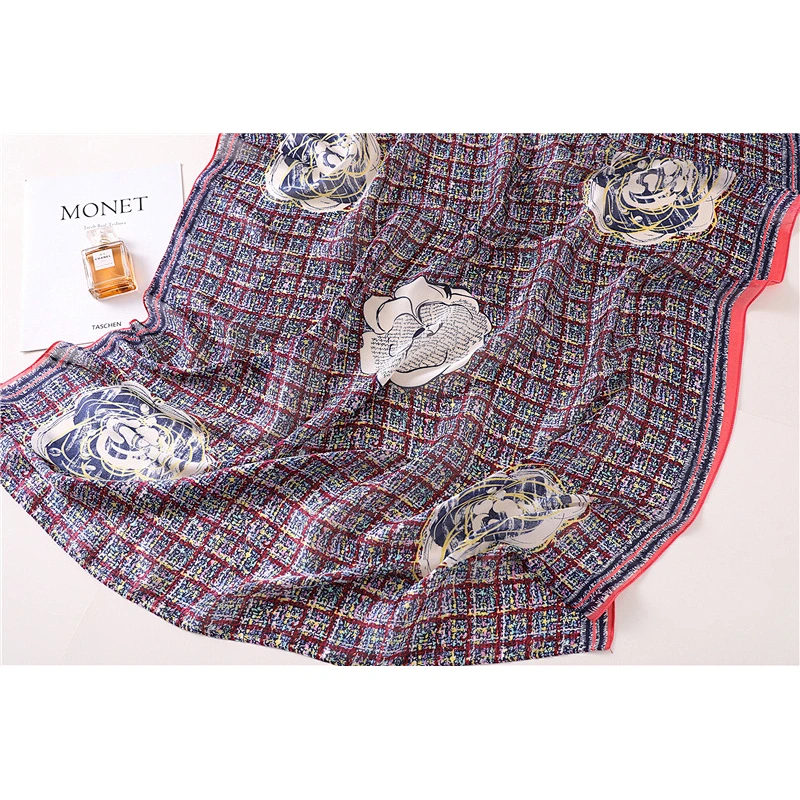 Color grid camellia pattern long scarf multi-purpose shawl wholesale plaid silk satin scarf