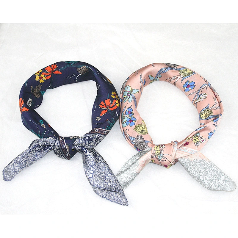 Ethnic style floral silk printing 70cm ladies satin silk head scarf for hair