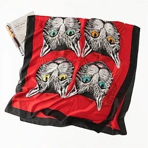 Wholesale sunscreen scarf seaside travel cute cartoon cat printed long silk scarf shawl for women