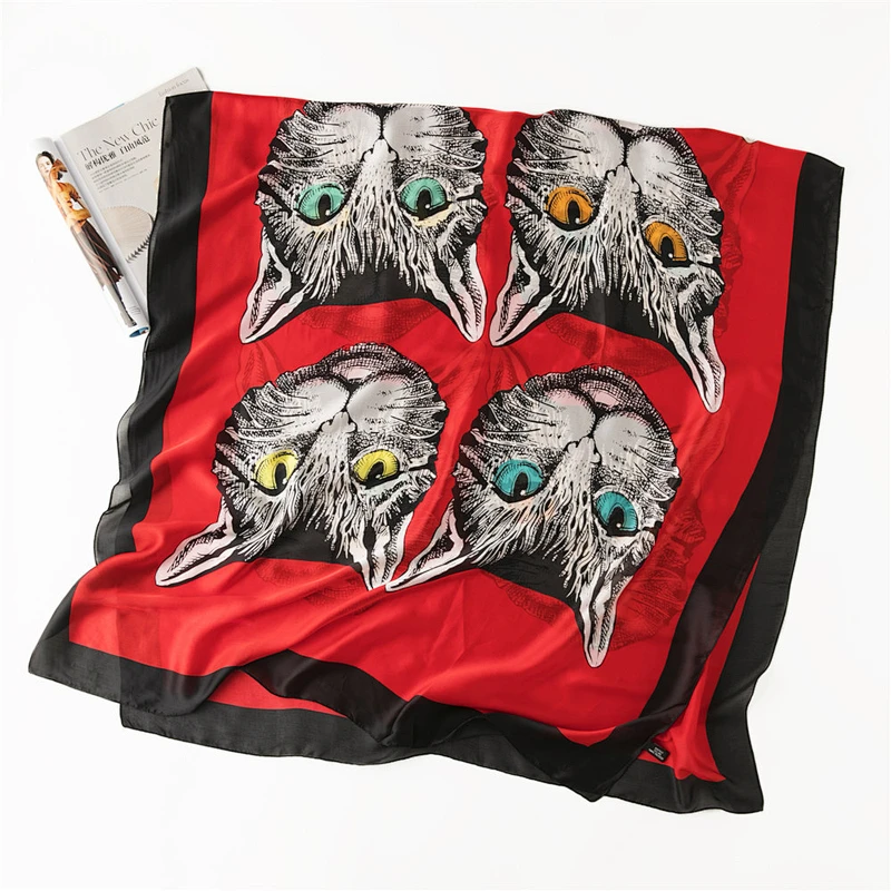 Wholesale sunscreen scarf seaside travel cute cartoon cat printed long silk scarf shawl for women
