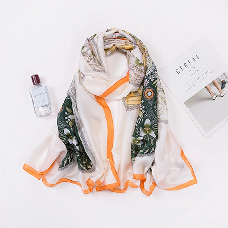 Simulation silk satin long fresh wind scarf female sunscreen print satin silk shawl scarf