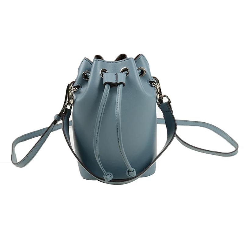 Fashion women genuine leather hand bag lady bucket shoulder handbag with drawstring