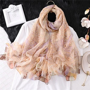 Oversized sun protection shawl vintage yarn travel beach chinese outdoor printed silk scarf