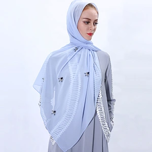 Breathable fashion long scarf muslim rhinestone ladies chiffon scarf hijab with pearl