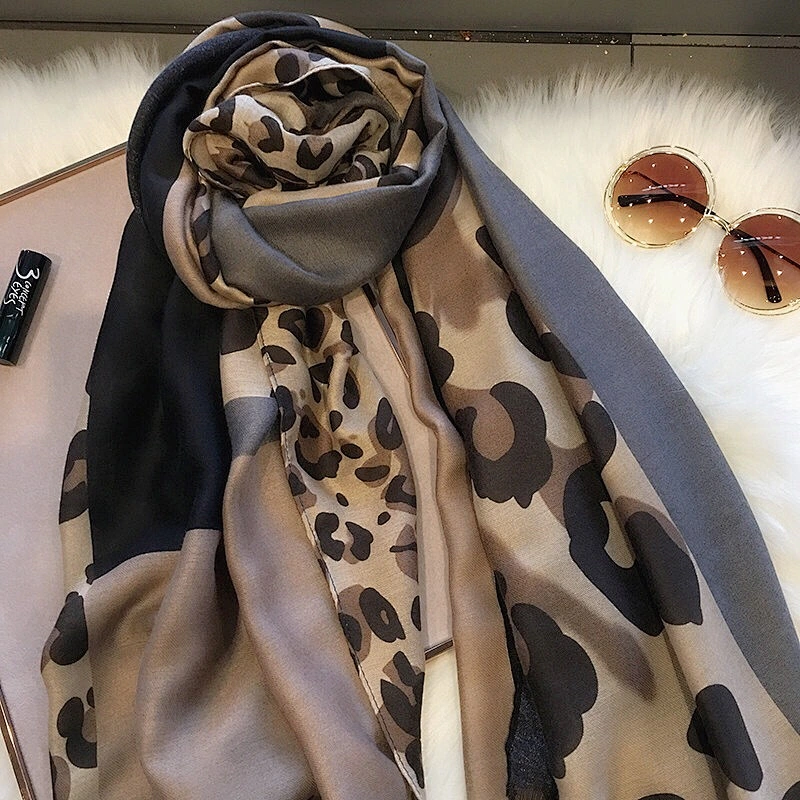 Women's thin leopard square stitching cotton and linen long shawl leopard silk blended scarf
