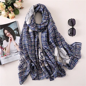 Color grid camellia pattern long scarf multi-purpose shawl wholesale plaid silk satin scarf