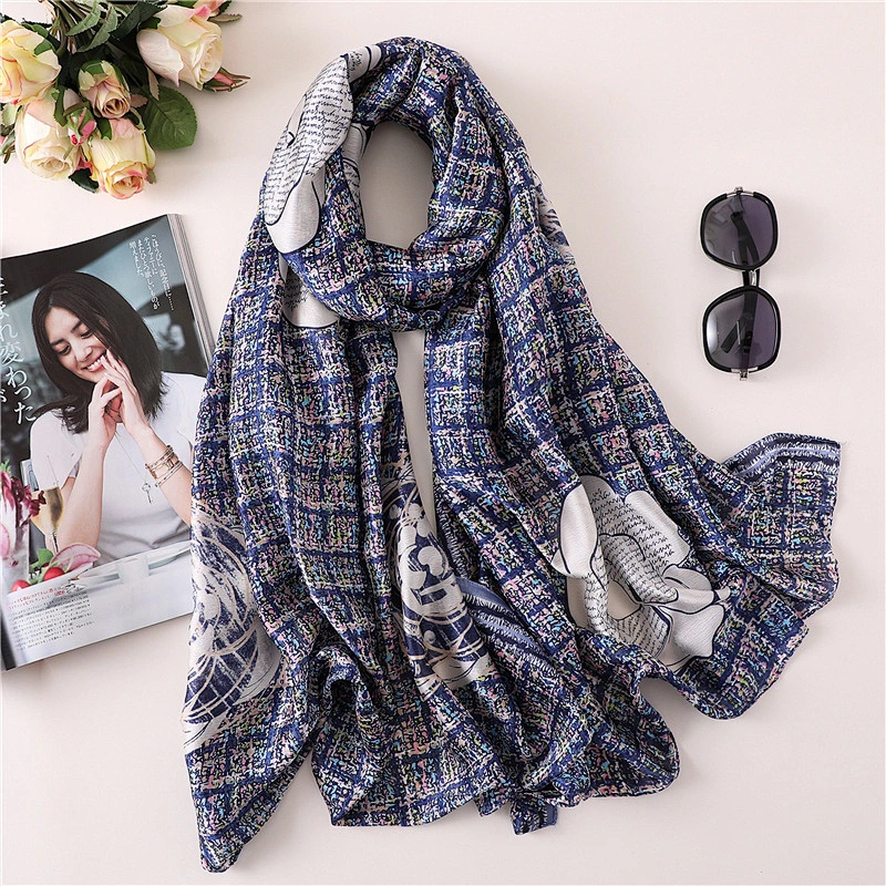 Color grid camellia pattern long scarf multi-purpose shawl wholesale plaid silk satin scarf