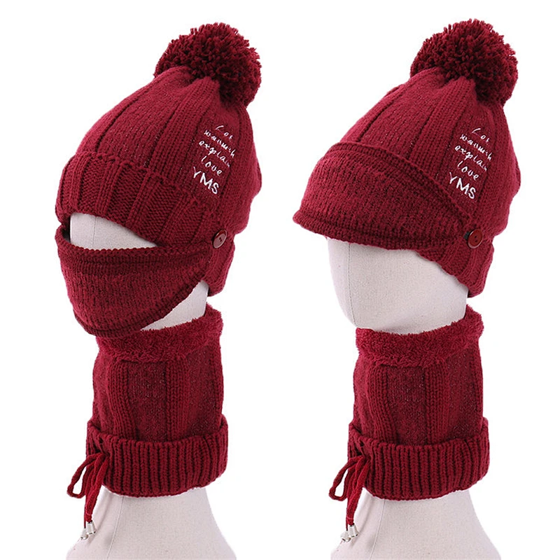 3-pieces fashion warm knit hat thick cap knitted women winter hat scarf and mask set