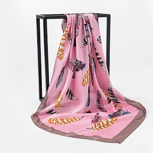 Classic wild summer imitated silk feather sunscreen printing silk square scarf 90x90