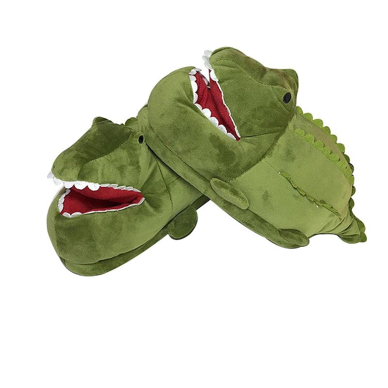 2019 Winter Adults Lovely Green Cartoon Crocodiles Plush Indoor Slippers Warm Cotton Padded Shoes