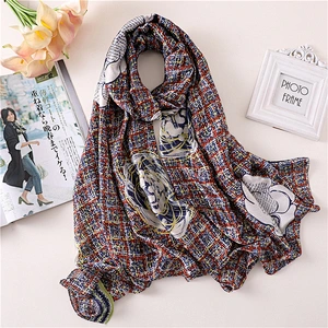 Color grid camellia pattern long scarf multi-purpose shawl wholesale plaid silk satin scarf