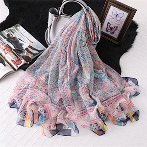 Oversized sun protection shawl vintage yarn travel beach chinese outdoor printed silk scarf