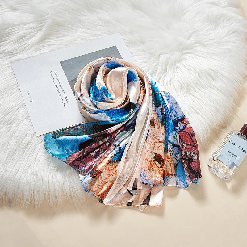 High-end gift oil painting stripe sunscreen long shawl scarf wholesale fashion ladies silk scarf