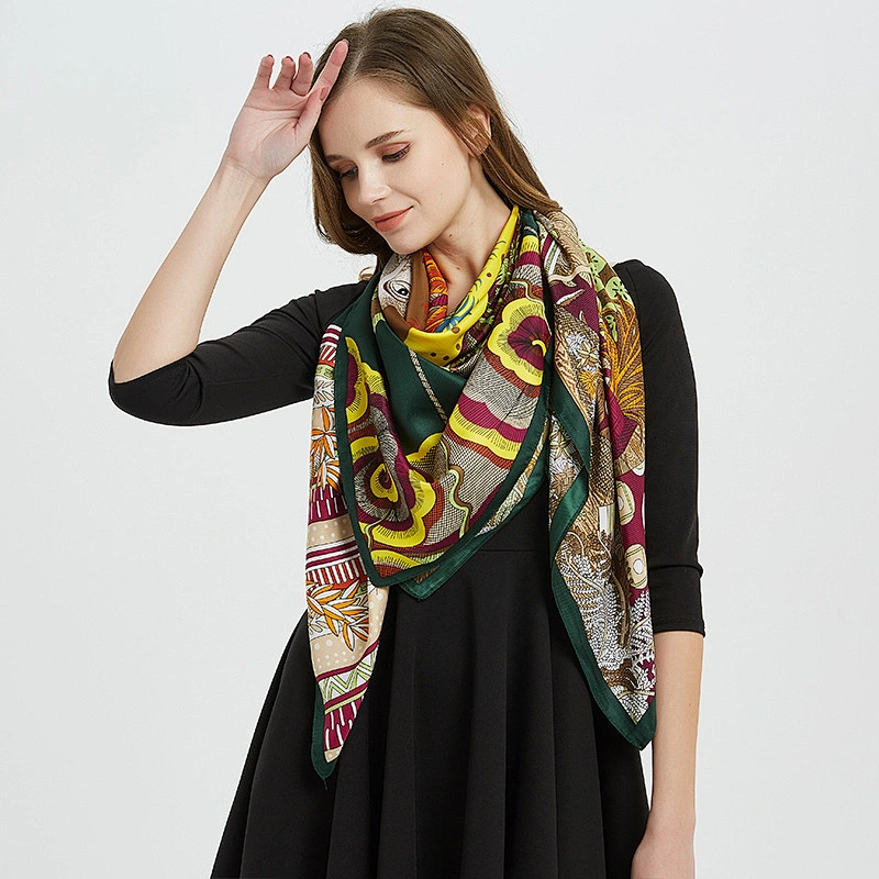 130*130CM Women's Orange Oversized Sunscreen Printed Shawl silk twill large square scarf