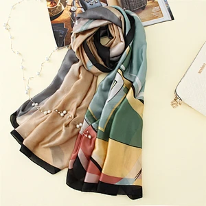 Female decorative travel beach towel simulation silk geometric print silk long scarf shawl promotional