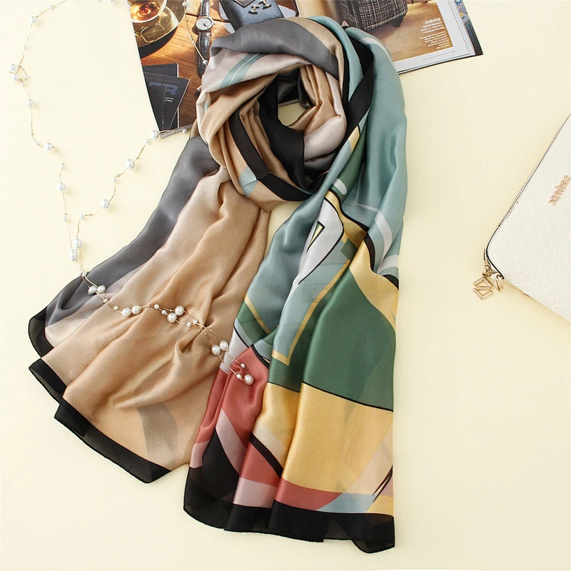 Female decorative travel beach towel simulation silk geometric print silk long scarf shawl promotional