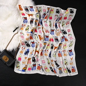 Spot cat cute print sunscreen square scarf cheap muslim elegant silk scarfs for women