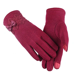 Cute Bowknot Knitted Gloves For Women Girls Lady Suede Leather Winter Warm Gloves