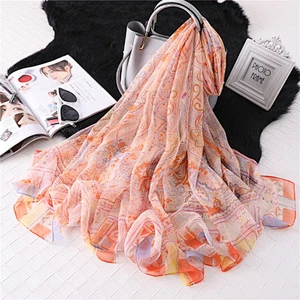 Oversized sun protection shawl vintage yarn travel beach chinese outdoor printed silk scarf