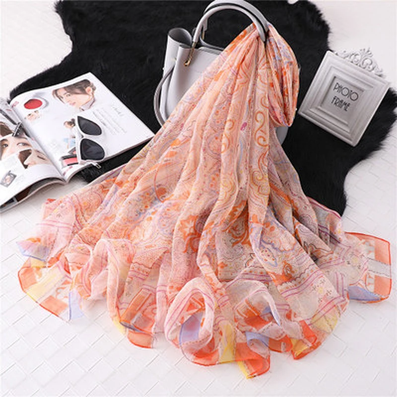 Oversized sun protection shawl vintage yarn travel beach chinese outdoor printed silk scarf