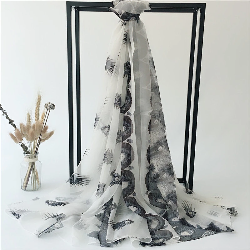 Manufacturer produces 2020 new feather print air-conditioned beach cheap printed chiffon scarves scarf women