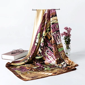 New oil painting art sunscreen scarf ladies women printed shawl satin silk square scarf