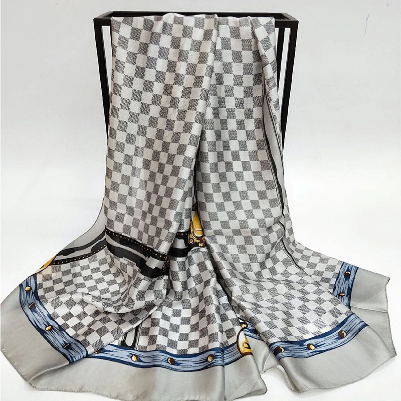 Classic check new silk satin printed ladies multifunctional shawl custom satin silk scarf