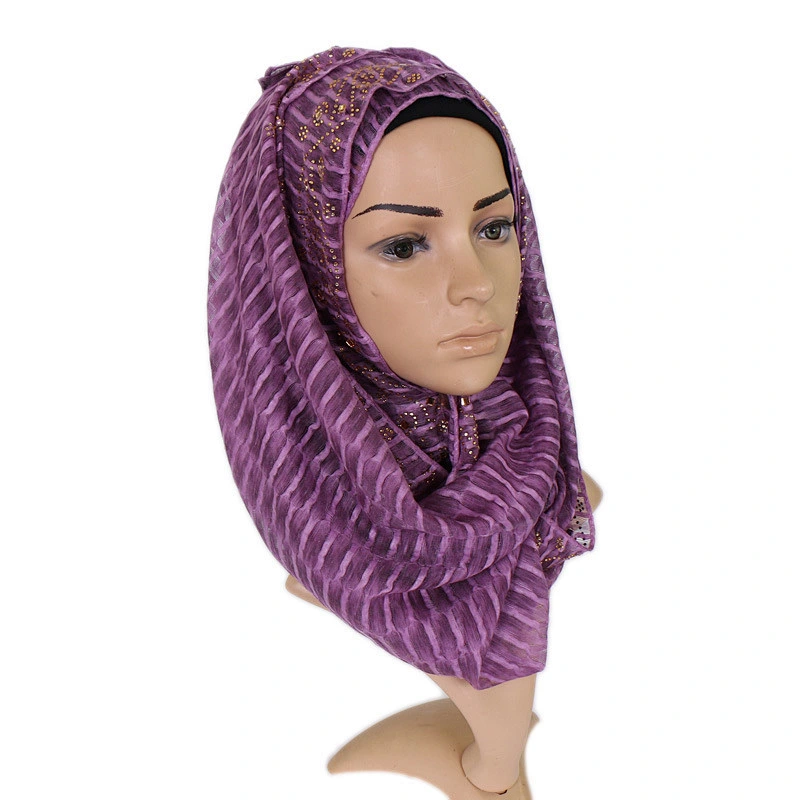 Autumn women hot selling solid color hot drilling muslim wholesale strips hijab silk scarf