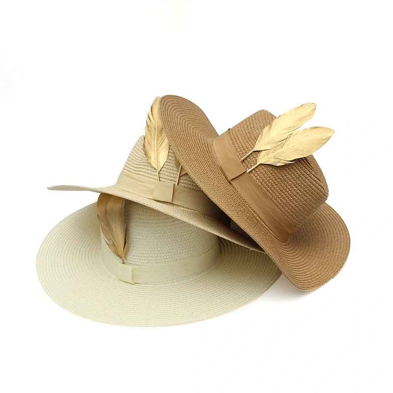 Mauncaturer Customized Made Wide Brim Straw Sun Hats Promotional Summer Beach Woven Paper Straw Hats With Feather