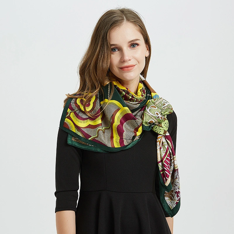 130*130CM Women's Orange Oversized Sunscreen Printed Shawl silk twill large square scarf