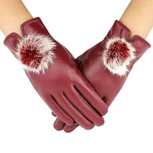 Winter warm driving ladies gloves premium quality leather gloves with bom ball