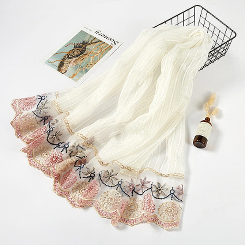 Malaysian new ladies scarf summer all-match floral lace pearl imitated silk hijab scarf