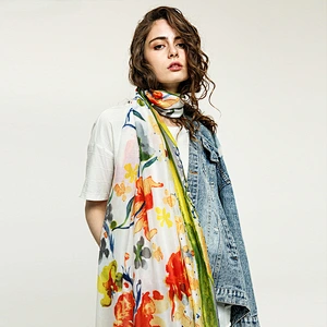 Flower printed cotton and linen sunscreen shawl scarf cotton pleated shawl for women
