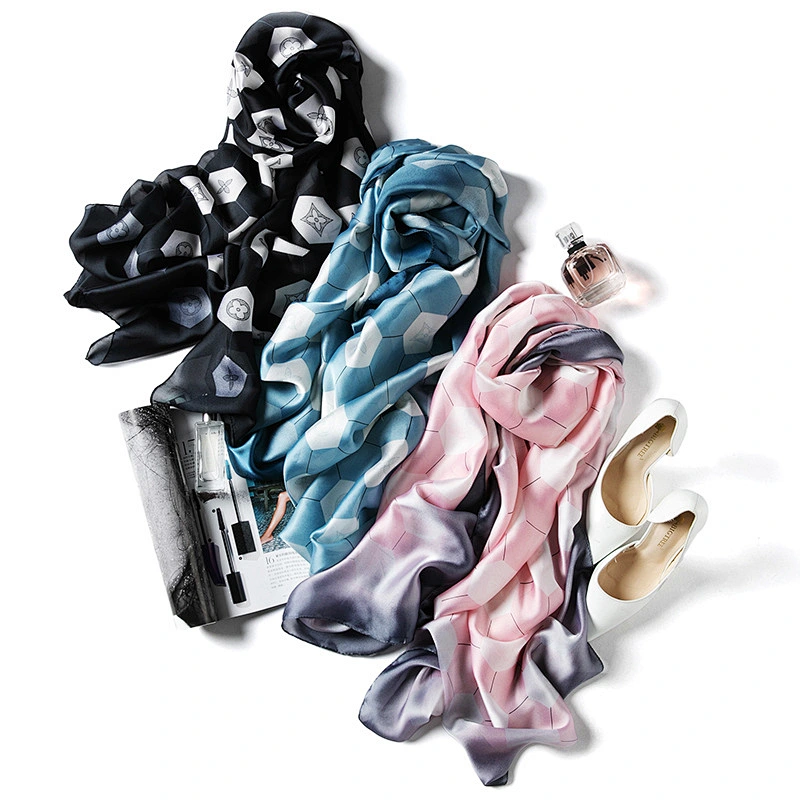 Long muslim gradient ramp color hexagonal printing silk women shawls silk scarves wholesale