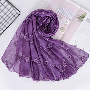 Muslim jacquard pearl imitated silk embroidered women scarf lace shawl hijab women