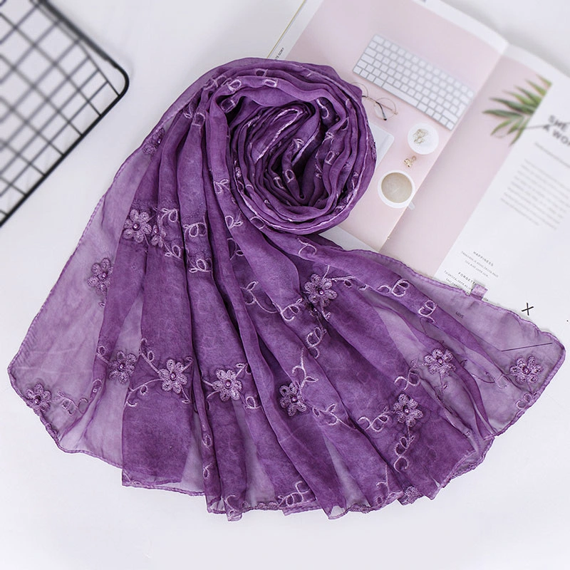Muslim jacquard pearl imitated silk embroidered women scarf lace shawl hijab women