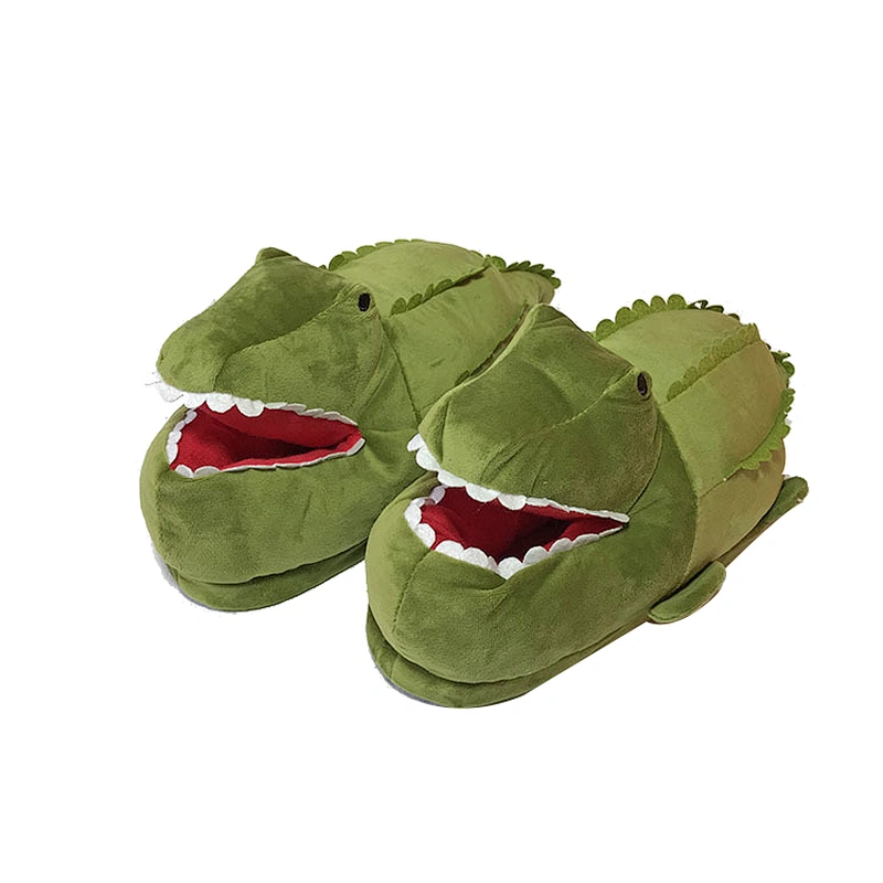 2019 Winter Adults Lovely Green Cartoon Crocodiles Plush Indoor Slippers Warm Cotton Padded Shoes