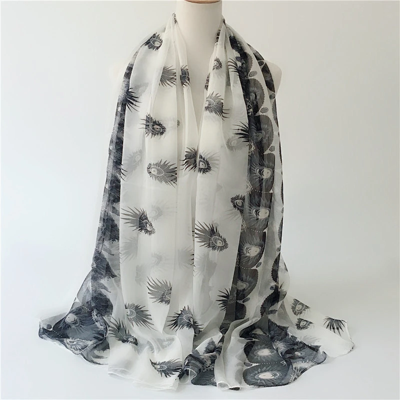 Manufacturer produces 2020 new feather print air-conditioned beach cheap printed chiffon scarves scarf women