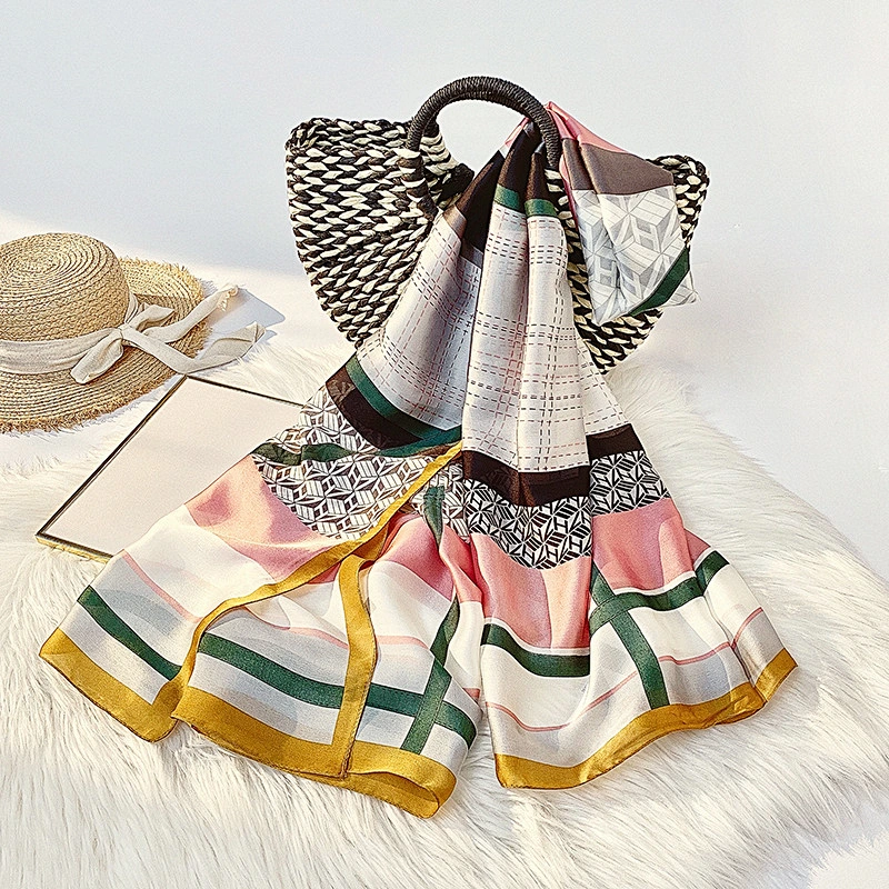 Factory direct color grid new fashion printing sunscreen women print silk shawl scarf