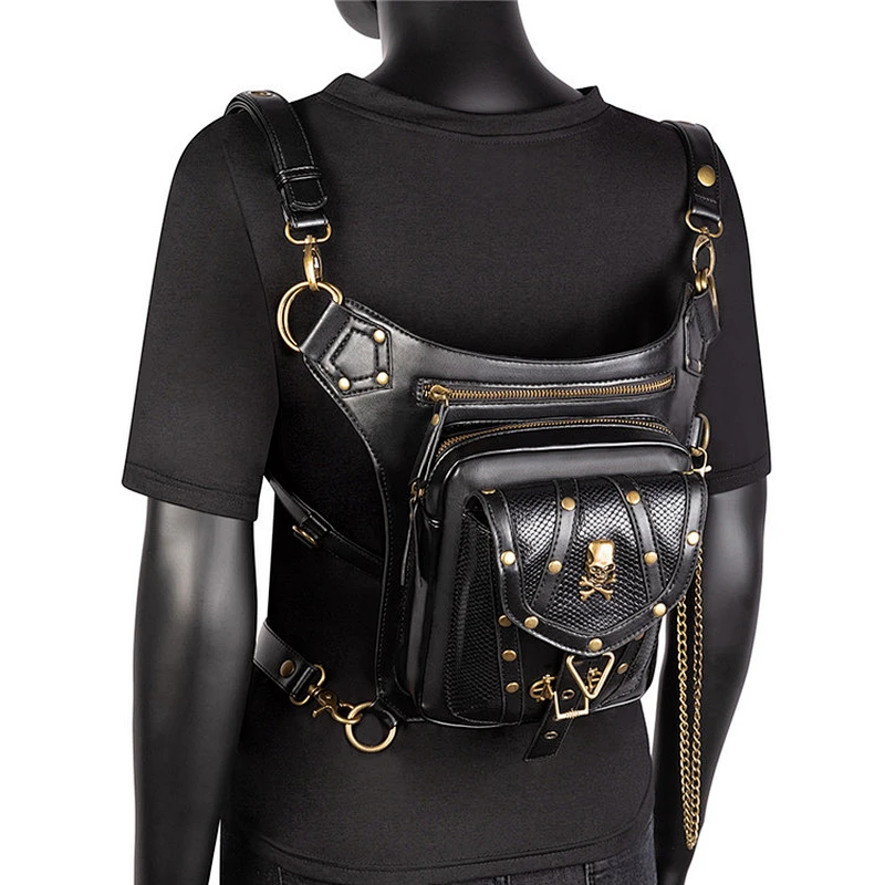 Fashion rivet mens gothic bag steampunk retro rock women skull waist bag shoulder messenger bags