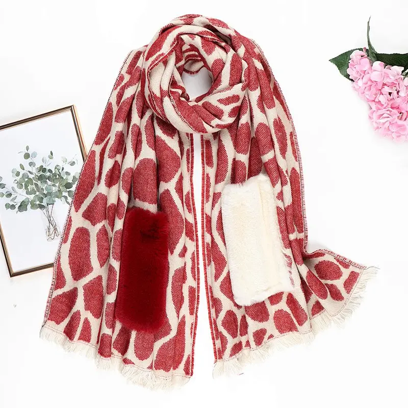 Stylish lazy rabbit fur pocket with long warm stone pattern women lady winter shawls  cashmere scarf