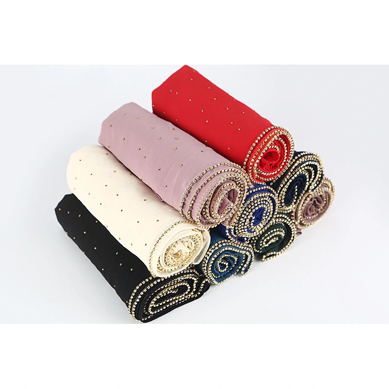 High quality pearl chiffon and diamond long muslim ladies polyester beaded hijab scarf