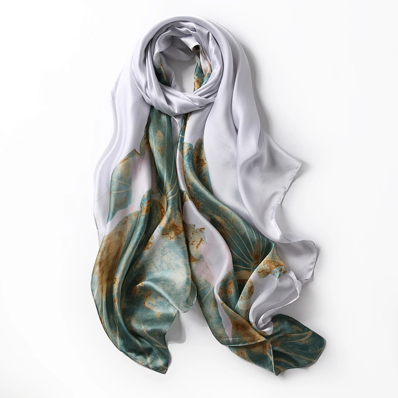 2020 New Flower lotus Female decorative sunscreen satin silk scarf plain