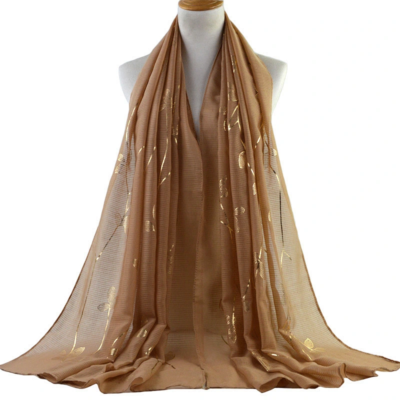 Women's muslim headscarf hijab gold leaf printed low price cotton and linen head scarf muslim hijab