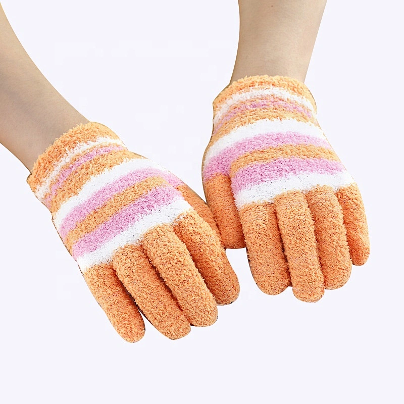 Striped Knit Fall Winter Gloves Coral Fleece Fuzzy Warm Mittens Gloves