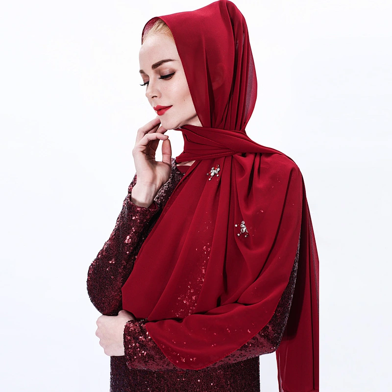 Breathable fashion long scarf muslim rhinestone ladies chiffon scarf hijab with pearl