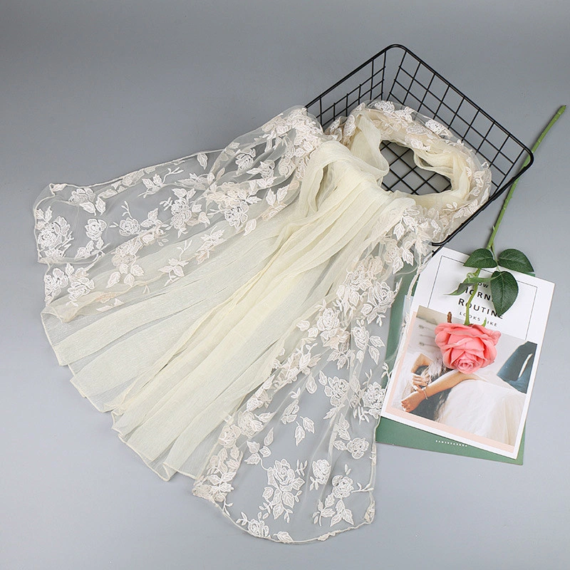 New lace stitching ladies casual pure monochrome hollow simulation silk scarf muslim long lace shawl women