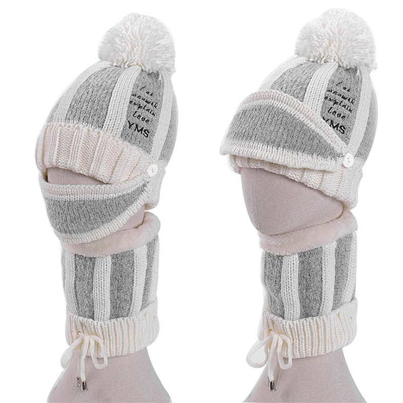 3-pieces fashion warm knit hat thick cap knitted women winter hat scarf and mask set