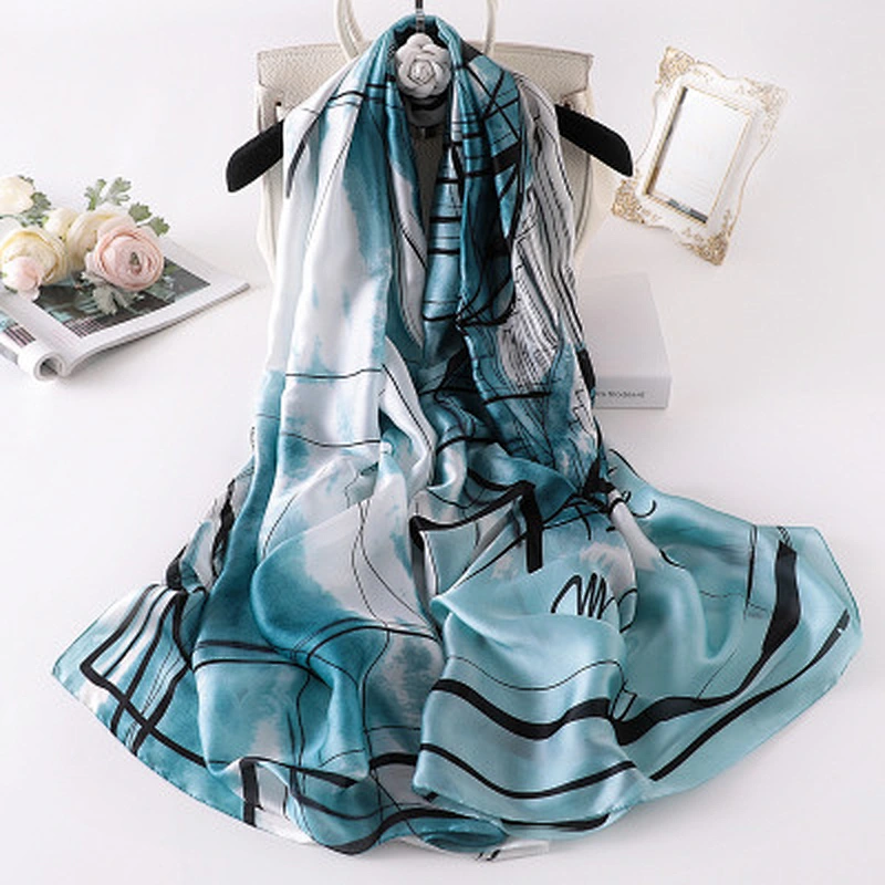 Female imitated silk air conditioning shawl fashion line ink graffiti long silk beach scarf shawl